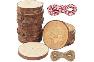 HAOYULUO Dischi Legno Grezzo 9-10cm,20 Pezzi Dischetti Legno con fori,Fette di legno naturale con 2 fili di cotone,Legno Da Decorare non finiti,artigianato,matrimoni,decorazioni natalizie