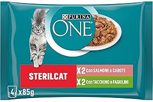 PURINA ONE Sterilcat wilgotna karma dla dorosłych kotów sterylizowane filety z łososiem i marchewką, indykiem i zieloną fasolką szparagową, 48 torebek po 85 g