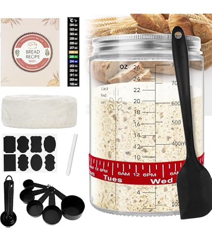 Kit Per Lievito Madre INFTYLE Con Barattolo Di Vetro Da 963,9 Ml, Fascia Con Giorni Della Settimana, Termometro Adesivo, Coperchio In Alluminio E Panno Traspirante, Spatola E Spazzole Incluse