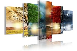 DekoArte 243 - Impression Sur Toile Moderne D'Images Artistiques Numérisées | Toile Décorative Pour Votre Salon Ou Votre Chambre | Style Paysage Quatre Saisons Arbres Rouges | 5 Pièces 200x100cm XXL