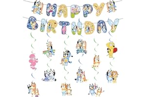 bly 14PCS Bluey Geburtstagsdeko, Bunting Girlande und hängende Dekoration, Happy Birthday Banner Dekorationen, Gute zum Geburtstag Banner Dekorationen, Bluey Thema für Kinder Geburtstag Party