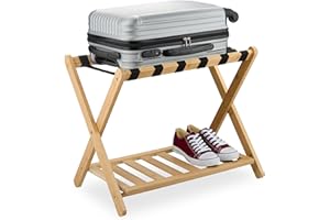 Relaxdays Support à valises, Pliant, Bambou, HxLxP: 56x68,5x41,5 cm, Porte-Bagage avec étagère, pour Sac, hôtel, Nature