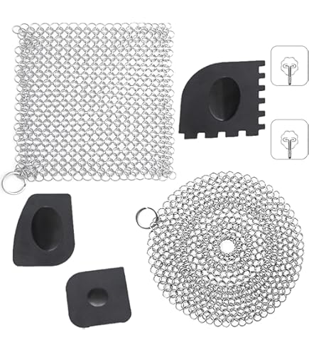 YOUNGSAY 4 Stk Gusseisen Reiniger, 10 x 10cm Edelstahl Ringreiniger Dutch Oven, Wiederverwendbar Ringreiniger für Woks/Grillrost/Grillpfanne (2 Formen