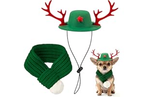 GwaOery Dog Christmas Costumes, Pet Reindeer Hat and Scarf Christmas Outfit Small Dogs Cats Clothes Puppy New Year Party Supplies Adjustable Headdress Apparel for Winter Warm Holiday (Green S)