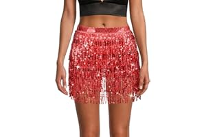 OFFCUP Sequin Skirt, Belly Dance & Zumba Costume, Mini Skirt with Tassels for Performance & Festival Dance