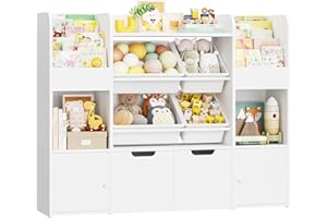 FOREHILL Toy Storage Unit 4-tier Kids Bookshelf Kids Storage Childrens Bookcase with 4 Removable Boxes, 2 Doors, 2 Drawers with Wheels for Playroom Nursery Furniture 126x30x104cm White