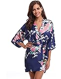 Aibrou Damen Morgenmantel Kimono Satin Kurz Nachtwäsche Bademantel Robe Schlafanzug Mit Peacock und Blumen