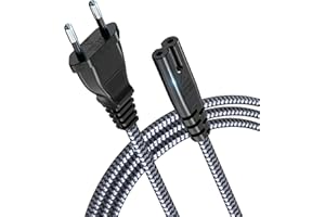 Kabel zasilający 2-biegunowy, RIKSOIN kabel sieciowy 2 m, wtyczka euro (CEE 7/16 na C7), plecionka nylonowa, uniwersalny kabel małych urządzeń z VDE do TV, PS3/PS4/PS5, One S/X, zasilacz do laptopa,