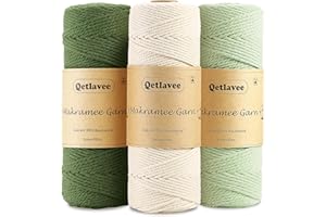 Qetlavee Premium Makramee Garn 3er Set | 2mm x 100M | 100% Natürliche Baumwollgarn | Plastikfreie Verpackung | Baumwollkordel | Baumwollseil für DIY Handwerk Stricken (Naturell+Hellgrün+Olivgrün)