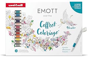 uni-ball EMOTT Mitsubishi Pencil - Coffret de Coloriages Relaxants - 16 Feutres + 1 Carnet de Coloriage - Pointe Fine Blanche 0,4 mm - Tracé précis - Dessin, Scrapbooking, Doodling, Rédaction