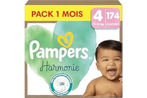 Pampers Harmonie, Taille 4, 174 Couches, 9-14kg, Protection Douce Pour La Peau Avec 100% D’Absorption Pampers, Pack 1 Mois