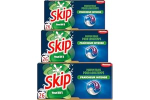 Skip Lessive liquide en capsules Fraîcheur intense 3 en 1 - 78 lavages - résultat impeccable et efficace dès 30° - sans emballage plastique (lot de 3x26)