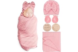 AQOKKA Newborn Receiving Blanket with Bow Hat Mittens Wooden Card Set Wheat-Pattern Newborns Toddler Baby Boy Girl Nursery Swaddle Wrap