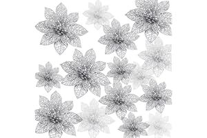 Yuqilin 24 Piezas Flores Arbol Navidad 3 Tamaños Flores Navidad con Purpurina Christmas Tree Decorations para Adornos Árboles Coronas Navideñas Adornos Envoltorios Regalos (Plata)