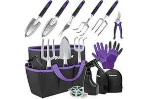BLOSTM Gardening Tools Set 11 PCS - Heavy Duty Garden Tools Kit with Waterproof Tote Bag - Rust Proof Garden Trowel Set with Ergonomic Handles - Gardening Gifts for Men & Women (Purple/Black)