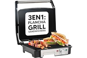 SOGO Grill y Sandwichera SS-7132-2000W con Placas Lisas Antiadherentes y Apertura 180° - Plancha Eléctrica Multiuso para Paninis, Carnes y Pescados