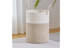 MYHOMMATTO Wäschekorb,Aufbewahrungskorb,Geflochten Korb,100L Groß xxl Rund Wäschesammler mit Baumwoll Henkel für Kinderzimmer,Korb für Decken und Spielzeug für Wohnzimmer oder Waschraum,Braun & Weiß