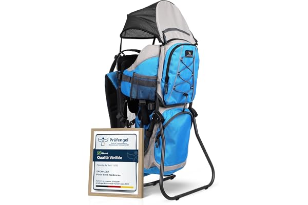 DROMADER Porte-Bébé Randonnée - Sac à Dos Porte Bébé Confortable Dorsal jusqu'à 22kg avec Pare-Soleil, Protection Pluie, Poche Isolante, Matelas à Langer - Cadre Pliable à Une Main - Bleu