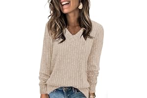 Fisoew Damen Pullover V-Ausschnitt Leicht Langarmshirt Elegant Gerippt Strickpullover Basic Sweatshirt Loose Oberteil mit Knopf