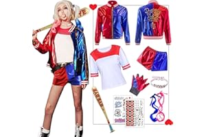 Amycute Quinn Cosplay Kostüme für Erwachsene, Mädchen Bösewicht Suicide Kostüm Kit enthalten Jacke, T-Shirt, Shorts und Handschuh für Halloween Karneval Cosplay