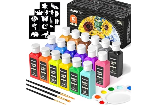 Shuttle Art Peinture Textile 18 Couleurs (60ml), Peintures pour Textiles Non Toxique avec Pinceaux Palette Pochoirs, Peinture pour Tissu T-shirts Chaussures Sacs