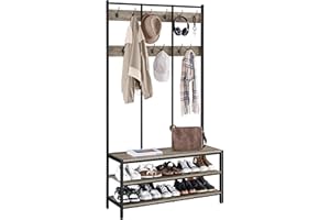 Yaheetech Large Coat Rack Stand, Hall Tree with 24 Hooks and Shoe Bench, Industrial Clothes Rack, Shoe Rack Bench with Metal Frame for Entryway Hallway Living Room, Grey