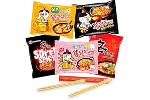 Pack de 5 Ramen Selección Top Cia&Co con Samyang Buldak Pollo Hot, Carbonara, Pollo Curry, Nongshim Spice y Super Spicy. Incluye 2 pares de palillos. Fideos instanteneos coreanos.