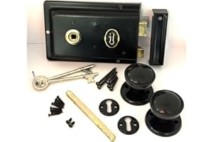 SCORPIO Hardware Rim Lock Knob Set Black, Complete with Rim Lock 6"x4", Plastic Rim Door Knob Pair, Escutcheons & Fixings for Wooden Barn, Gate and Shed Doors