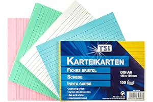 ‎TSI TSI Karteikarten farbig sortiert, 100er Packung, liniert, Größe: DIN A6 (148 x 105 mm), Art. Nr. 65896