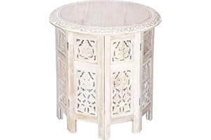 Marrakesch Orient & Mediterran Interior Tavolino Marocchino in Legno Ashkar 45cm Rotondo - Tavolino Tondo Orientale con Struttura Pieghevole - Piano Pieghevole,Orientale in Bianco.
