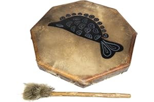 DRUMS FOR SCHOOLS Tambor octogonal chamán de 50 cm de diámetro, piel de cabra natural con diseños de animales y batidor de felpa y gamuza de doble cara