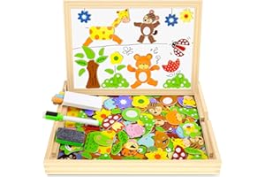 COOLJOY Puzzles en Bois Magnétique, 100+ Pièces Motif Animal Jigsaw avec Tableau Noir de Chevalet à Double Face Jouets Educatif pour Bambin Enfants Fille 3+ Ans