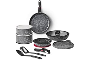 ROSSETTO Batterie de Cuisine, Set de casserole poele induction avec poignée amovible et revêtement anti-adhésif en céramique, empilable Set de casseroles (Gris Cendré, 16 pièces)