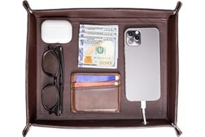 KHIVA Dark Brown Genuine Leather Valet Tray for Men, Key Bowls for Entry Table, Nightstand Tray, Mens Valet Tray, Catch All Tray, Wallet Key Tray, Dresser Bedside Tray, Leather EDC Tray