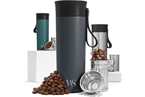 WILFORD & SONS Mug Isotherme Transportable Thermos Café avec Sangle & Infuseur à Thé en Acier Inoxydable – 360 ml | 6h Chaud - 10h Froid, Tasse à Café Inox Double-Paroi Isolée Sous-Vide, sans BPA, Etanche