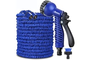 Jackeyhouse 100FT / 150FT / 200FT Magic Stretch Flexible Expandable 3 x Expanding Garden Hose Pipe Natural Triple Layer Light Weight Non Kink with 7 Setting Water Spray Nozzle Gun (Classic 25 Feet)