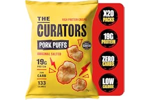 THE CURATORS High Protein Pork Puffs, Original Salted, 25g (20 Packs) 18g Protein Crisp Low Carb Keto Gluten Free Savoury Snack