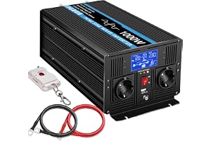 JIGUUN 1000W inverter 12V 230V ren sinus spänningsomvandlare | 30A laddare och nätprioriteringskrets och UPS, 2 EU-uttag, trådlös fjärrkontroll och LCD-display Toppeffekt 2000W