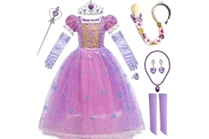 XFOZDM DéGuisement Raiponce Fille Robe De Princesse Raiponce Avec Couronne Et Baguette Magique Tulle Maxi Costume Carnaval Fille Halloween NoëL Partie Cosplay Robe De SoiréE, 2-10 Ans