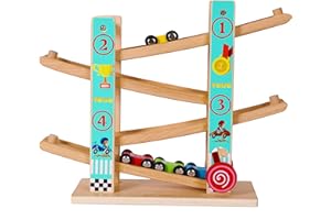 TOYS OF WOOD OXFORD TOWO Pure Wooden Zig Zag Car Ramp - Slide Run with 4 Cars Playset - Click Clack Track Racing Toy for Toddlers Boys Girls Ages 1-4