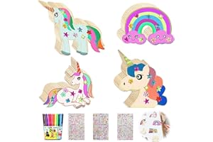 KOIROI Zestaw do majsterkowania z drewna jednorożca, 40 sztuk, jednorożec, z drewna, jednorożec, 12 pisaków akwarelowych + 3 cekinowe naklejki do samodzielnego malowania, dekoracja dla dzieci