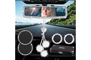 OUTIGU Bling Rhinestone Rear View Mirror, Crystal Ball Plush Pendant Ornament, Bling Car Coaster, Key Ignition Starter, Diamond Car Accessories for Women and Man, 6 Set Car Interior Decoration (white)