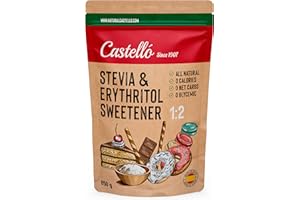 ‎CASTELLO SINCE 1907 Stevia + Erythrit 1:2 Süßstoff | 1g = 2g Zucker | 100% Natürlich schmeckender Zuckerersatz - 0 Kalorien - 0 Glykämischer Index - Keto und Paleo - 0 Netto-Kohlenhydrate - Castello since 1907-850 g