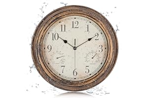 LENAUQ Outdoor Garden Wall Clock, Waterproof Vintage Wall Clock with Thermometer And Humidity, 12 Inch/30cm Non-Ticking Weatherproof Hanging Clock for Patio, Pool, Porch, Garden, Bathroom, Bronze
