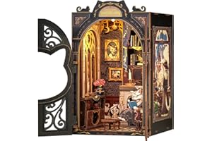 CUTEBEE Kit Booknook DIY Librairie Miniature en Bois à Assembler avec Éclairage LED & Couvercle Anti-Poussière - Déco Étagère Créative pour Adultes （Count Cat's Study）