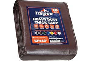 Tarpco Safety telo impermeabile esterno(190 g/m²|12′ X 12′ | 3.65m X 3.65m,Marrone/Nero)10 Mil protective tarpaulin | tent cover | Telo con occhielli resistente ai raggi, UV, antistrappo.