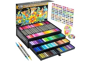 Lyuvie 176 Couleurs Feutre Acrylique,88 Pcs Acrylic Paint Marker Marqueur Peinture Acrylique Pointe Brush pour Roche Tissu Pierre Bois Verre Papier Plastique