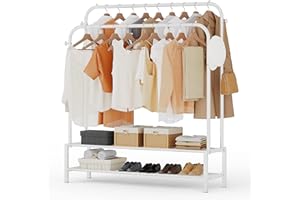 JOISCOPE Metal Clothes Rail, 43.7 * 58.6 Inch Clothes Rack for Bedroom with 2 Hanging Rails to Hang Clothes, 4 Clothe Hooks and 2 Bottom Shelves for Hats, Boxes, Shoes and Clothes Storage, White