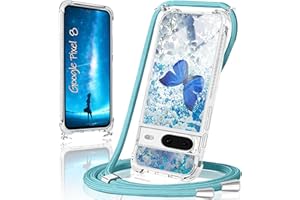 XCYYOO Handykette für Google Pixel 8 Hülle mit Band,Handyhülle Google Pixel 8 Glitzer Schmetterling mit Kette TPU Slim Bumper Kratzfest Stoßfest Schmetterling Schutzhülle mit Kordel