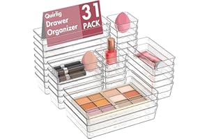 Quirlig 31 Piezas Organizadores de Cajones de Plástico Transparente, Separadores de Cajones de Escritorio de 4 Tamaños, Bandejas de Almacenaje para Maquillaje, Baño, Oficina